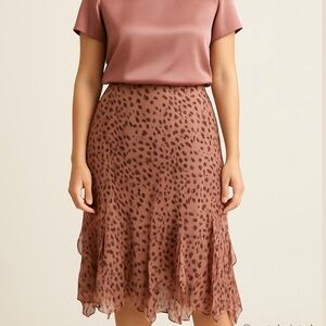 NWT 90s DANA BUCHMAN SILK PINK & BROWN LEOPARD PRINT W RUFFLE SKIRT LUXURY SZ 16